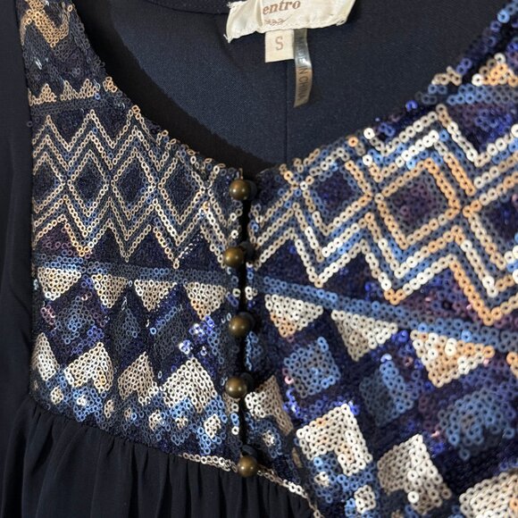 Entro Navy Sequin Long Sleeve Flowy Dress - Size Small - Picture 6 of 10